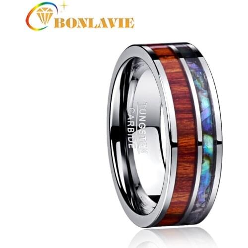 BONLAVIE 8mm Width Polished Wood Grain And Shell Men Rings Jewelry 100% Tungsten Steel Ring Mans Valentines Day Gift Jewelry