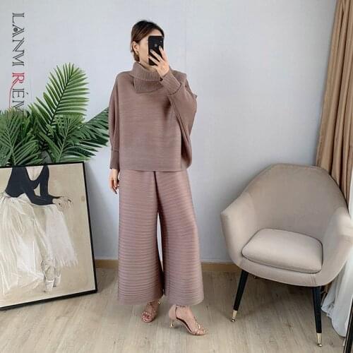 LANMREM Pleated Suit Set For Women 2021 Autumn New Lapel Top + Fold Wide Leg Pants Two-piece Set Loose Casual Sets Female 2C2174