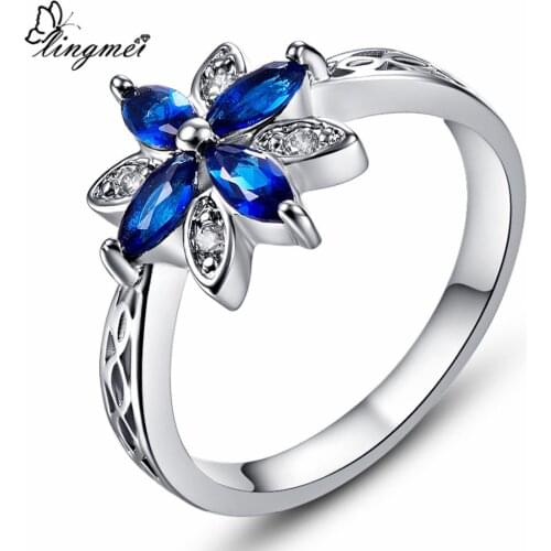 Lingmei Wholesale Beauty Flower Women Wedding Rings Cubic Zirconia Jewelry White Gold Color Ring Size 6 7 8 9 10 Gorgeous Gift