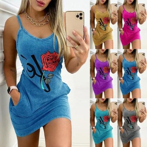 Fashion Floral Print Sexy Spaghetti Strap Mini Dress New Women Sleeveless Pocket Casual Slim Bodycon Mini Holiday Party Vestidos