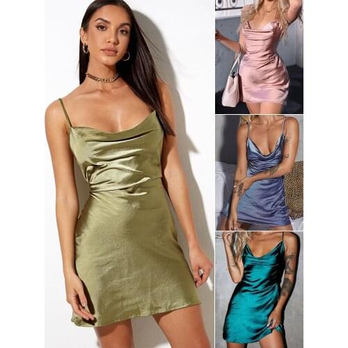 Spaghetti Strap Ladies Dresses Satin Slip Bandage Mini Casual French Dress White Green Pink Backless Robe Sexy Femme Elegant
