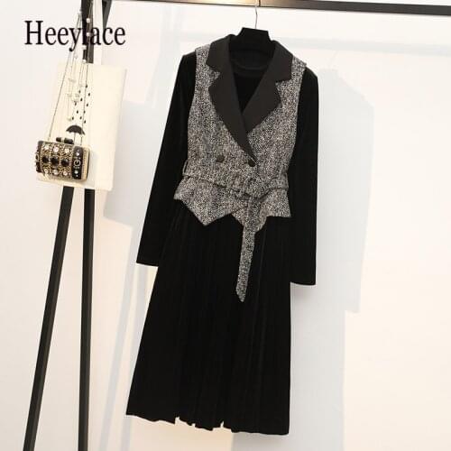 Plus Size Women Autumn Winter office ladies 2 Pieces Set Korean Retro tweed notched sleeveless Vest and knitted long dress sets