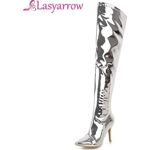 Lasyarrow Patent Leather Over The Knee Slim Long Boots Sexy Thin High Heel Thigh High Stiletto Boots Ladies Dress Shoes Silver