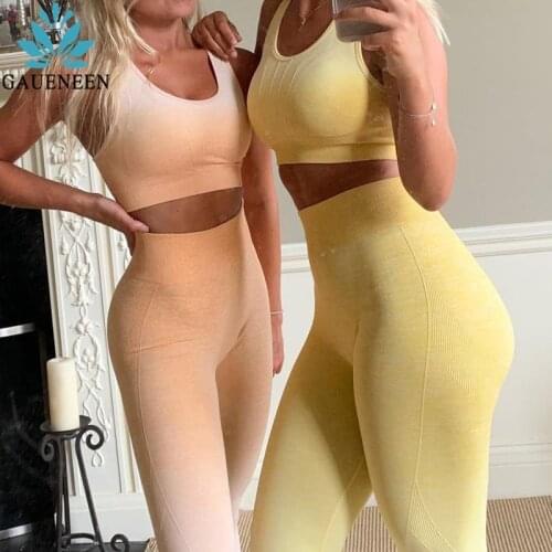 GAUENEEN Gradient Sport Outfit Women Workout Gym Clothing 2 Piece Set High Waist Leggings Sports Bra Running Fitness Yoga Set
