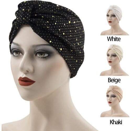 Breathable Knotted Sequins Turban Caps Muslim Women Head Wraps India Hat Stretchy Ready to Wear Hijab Headscarf Bonnet