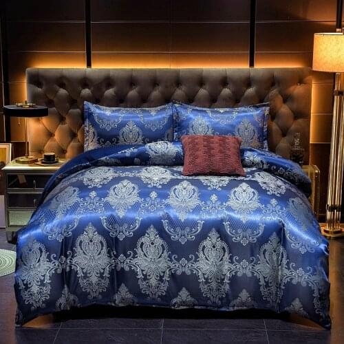 Jacquard duvet cover set soft satin silky bedding down cover pillowcase set with zipper seal, blue, medium size double bed