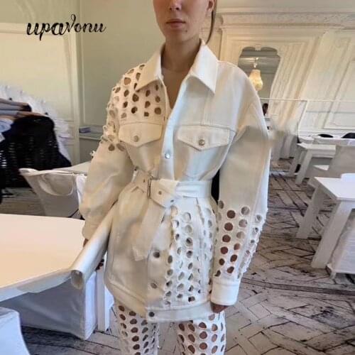 2020 New Autumn Hollow Lady Denim Jacket Lapel Long Sleeve Casual Long Jacket Denim With Belt Women Fashion Punk Denim Jacket