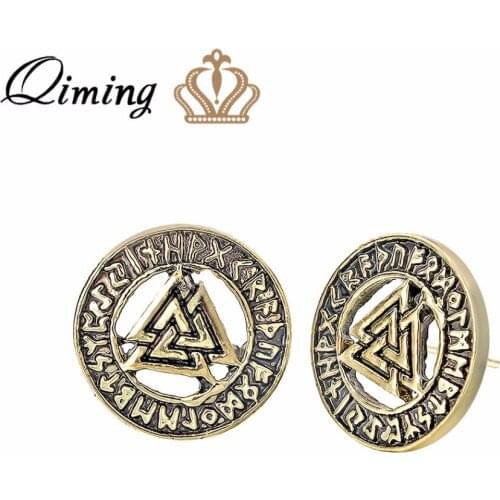 QIMING Odin Asatru Triangle Stud Earrings Viking Runes Vintage Jewelry Geometry Symbol Norse Valknut Rune Women Earring Gift