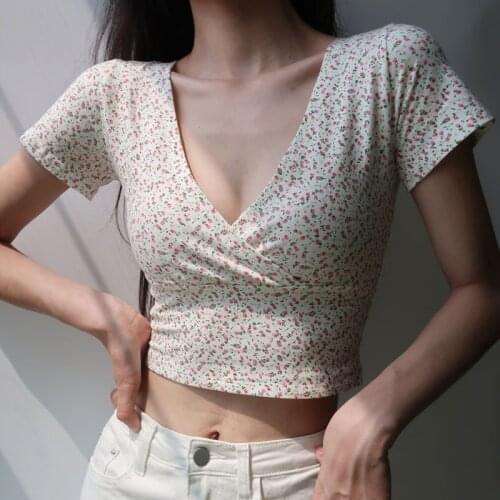 2021 Summer Fashion Crop Top Women Blouse Sexy V Neck Floral Print Short Sleeve Ladies Tops Plus Size Female Clothing