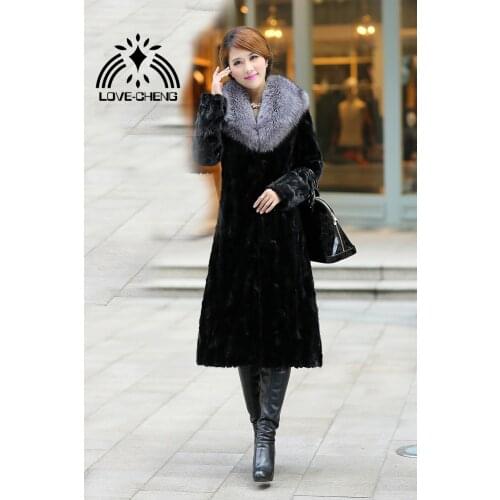 Real genuine natural mink fur coat women X-Long fur jacket with fox fur collar ladies fashion overcoat outwear custom any size