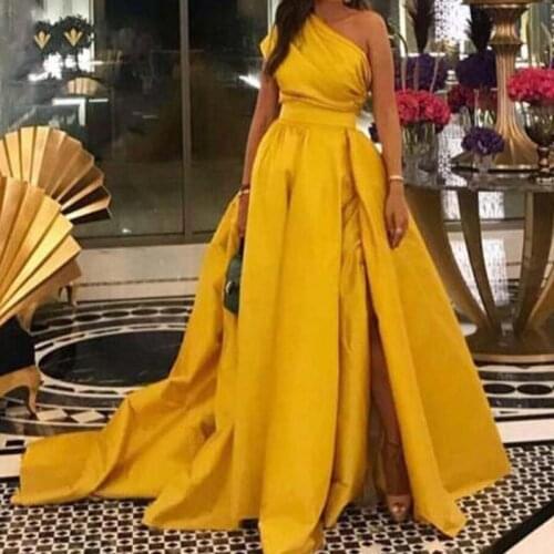 Vestido de festa longo Elegant Evening Dresses a line abiye Custom made Gold Formal Dress Pleats Sleeves robe de soiree