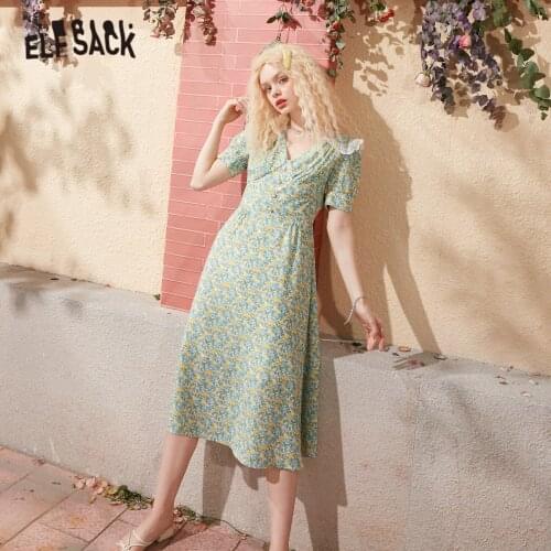 ELFSACK Floral Contrast Lace Casual Vintage Dresses Women,2021 Summer Korean Ladies Daily Holiday Bohemia Dress