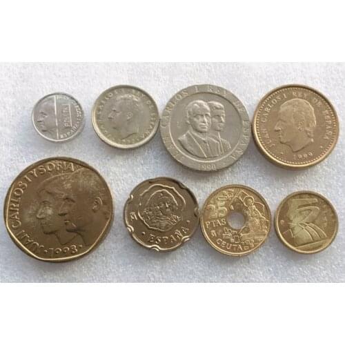 8pcs Spain Coins Original 1996-1999 Europe Rare Coin Edition Uncirculated 1-500 Peseta Gift World Collection Souvenir