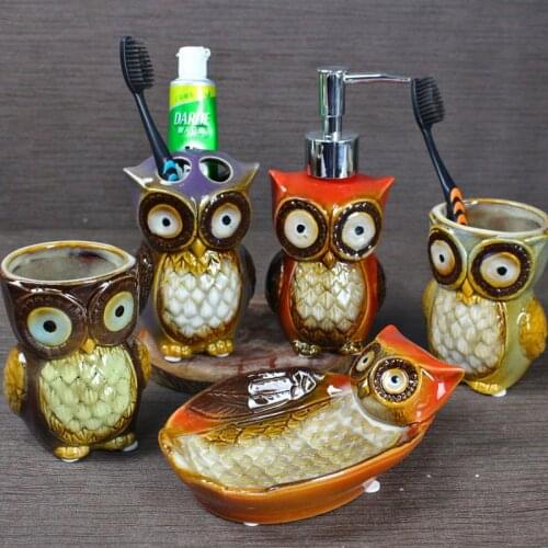 Bathroom Suit Accessories Owl Ceramic Soap Dispenser Cup Dish Toothbrush Holder Set Gift Bath Family Essential Kit Tools