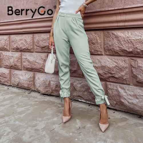 BerryGo Autumn Casual Long Skinny Women Pants Bow Mid Waist Pocket Female Pants Straight Solid Green Pleated Ladies Bottoms