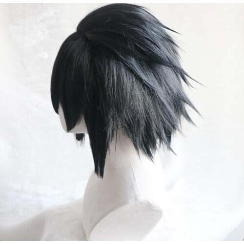 Black Short Fluffy Layered Synthetic Hair Wigs Uchiha Sasuke Cosplay Wig Heat Resistance fiber + Wig Cap