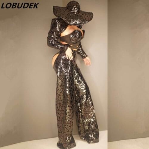 Black Laser Sequins Bra Pant Shawl Cap Outfit Set Women Singer Dance Team Show Sexy Stage Wear Bar Party Rave Reflective Costume