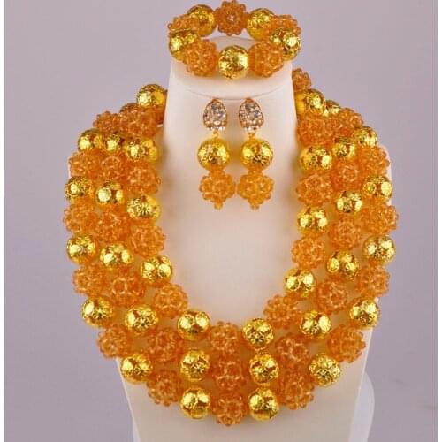 Champagne Gold Crystal Beaded Ball Necklace Nigerian Wedding African Beads Jewelry Set