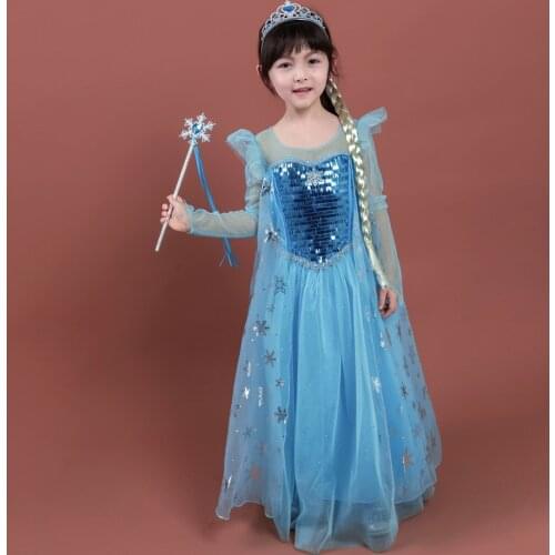 Girls Snow Queen Elsa Dress Princess Party Sequins Cosplay Birthday Gift Costume Summer Blue New Dress