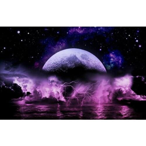 Purple Lightning Strom Below a Purple Moon Art Film Print Silk Poster Home Wall Decor 24x36inch