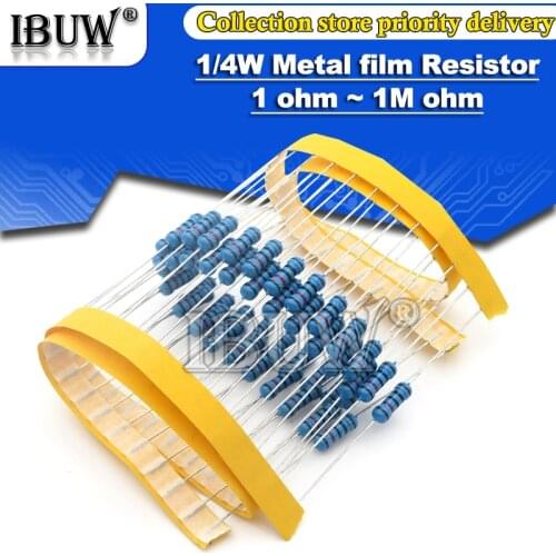 100pcs 1/4W Metal film resistor 1R~22M 1% 100R 220R 1K 1.5K 2.2K 4.7K 10K 22K 47K 100K 100 220 1K5 2K2 4K7 ohm resistance