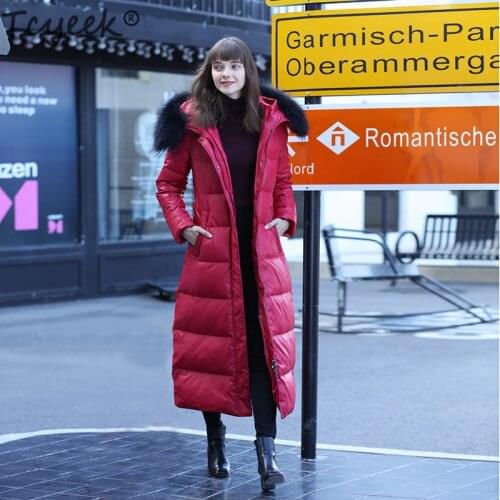 Tcyeek Fashion Womens Down Jacket Large Raccoon Fur Hooded Korean XLong White Goose Down Coat Female Thick Warm Parka Hiver 082