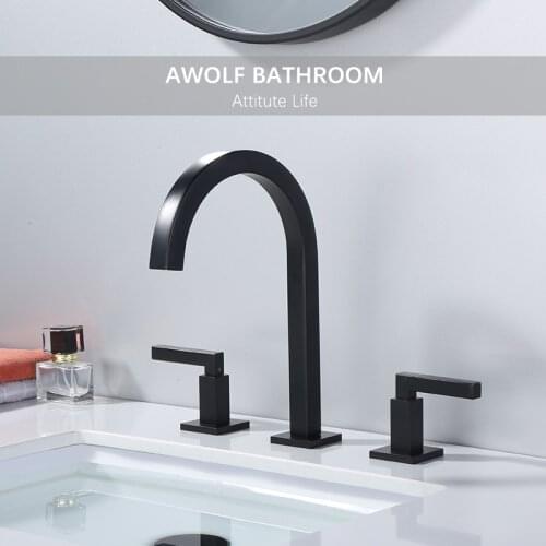 Solid Brass Matt Black Bathroom Basin Sink Faucet 3 Holes Dual Handle Square Design Hot And Cold Mixer Water Tap ML8104