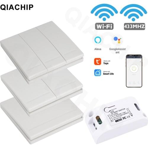 QIACHIP RF WIFI Wireless 10A IOS Android 2200W AC 90-250V Smart Home Light Switch Module + 86 Wall Panel Wireless Transmitter
