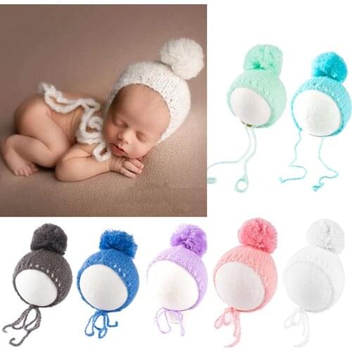 Baby Bonnet Newborn Photography Props Baby Knitted Warm Wool Ball Hat Infants Cap Beanies Posing Hat Photo Shooting Shower Gift