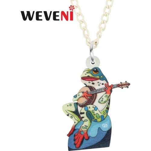 WEVENI Acrylic Sweet Green Guitar Frog Toad Necklace Pendant Big Long Fashion Chain Charms Unique Gifts Jewelry For Women Girls