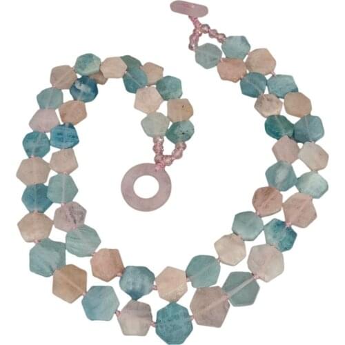 Y·YING 2 Strands Natural Hexangular Aquamarines Morganite Choker Necklace Rose Quartzs Toggle Clasp 19.5"