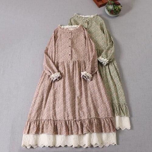 Japanese female literary floral dress spring new printed long-sleeved lace collar dress