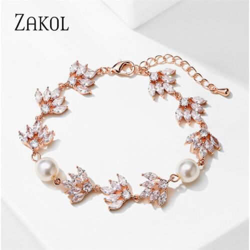 ZAKOL Luxury CZ White Cubic Zirconia Stone Women Charm Pearl Bangle Bracelets Bridal Wedding Party Jewelry Accessories FSBP2170