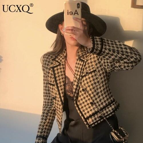 UCXQ Woman Tweed Jacket Plaid Double Breasted Short Length Long Sleeve Notched Casual Style 2021 Autumn French Fashion 23XF982