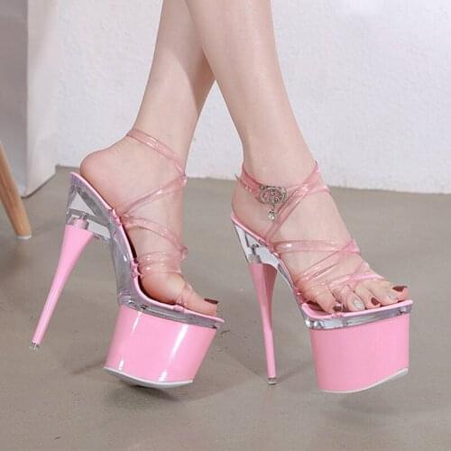 2021 Women Summer Stripper 17.5cm High Heels Sexy Fetish Sandals 7.5cm Platform Pink Crystal Pumps Party Prom Pole dance Shoes
