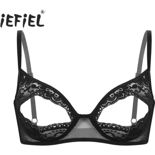 Women Exotic Open Bras Sissy Black See Through Lace Lingerie Nipple Split Bralette Wire-free Unlined Bra Top Sexy Nightwear