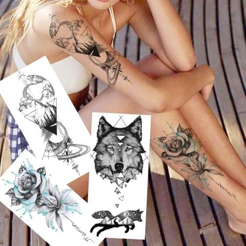 Womens Fashion Temporary Tattoos Sticker For Party Body Art Arm Legs Tatoos Fake Wolf Planets Anchor Flower Waterproof Tattoos