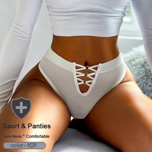 QIWN Womens Sexy Bandage Hollow Out Panties Female Soft Cotton Seamless Sport Briefs Mid Rise G-String Thongs Lady Lingerie