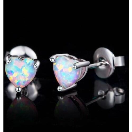 Cute Female Blue White Opal Stone Earrings Silver Color Small Heart Stud Earrings For Women Vintage Wedding Jewelry
