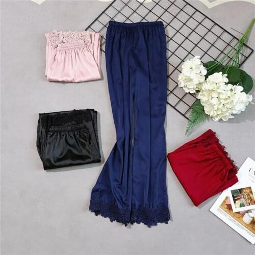 Women Satin Sleep Bottoms Lace Floral Trim Pajamas Pant Summer Loose Loungewear Home Pants M-XL Lingerie Sleepwear Trousers