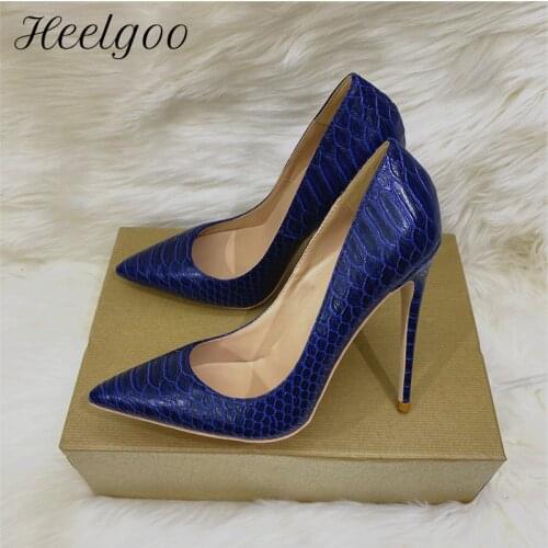 Heelgoo Navy Blue Crocodile Effect Women Sexy Pointy Toe High Heel Party Shoes Gorgeous Ladies Stiletto Pumps 8cm 10cm 12cm