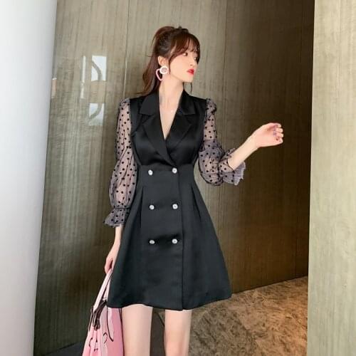 Brand Designer Print Polka Dot Dress Autumn Winter 2021 Long Sleeve Black Blazer Dress Ladies Double Button A Line Dress Womens