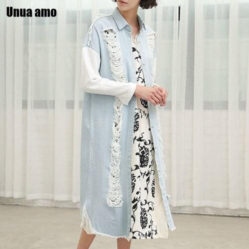 Unua amo Streetwear Frayed Women‘s Denim Coat Lapel Single Breasted Long Trench Female Hit Color Patchwork Jean Windbreaker
