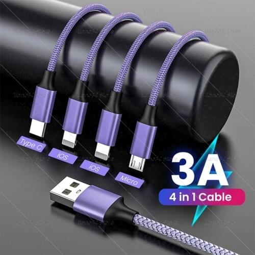 4in1 USB Cable for iPhone 12 X 11 Pro Max 3in1 2in1 USB Charging Cable 3A Micro USB Type C Cable for Huawei Samsung S20 Xiaomi