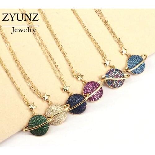 6PCS, Trendy Galaxy Planet Earth Necklace Women Gold Colorful CZ Micro Pave Necklaces Pendants Collares