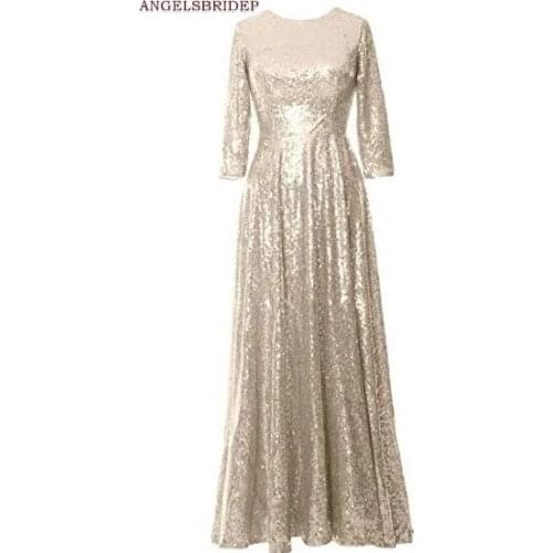 ANGELSBRIDEP Long Sleevs Mother Of The Bride Dresses Bling Bling Seuqin High-Neck Formal Evening Party Gown Hot Sale