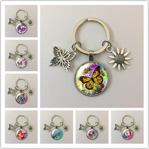 Beauty colorful flying butterfly round glass cabochon keychain bag car keychain key ring charm charm gift keychain