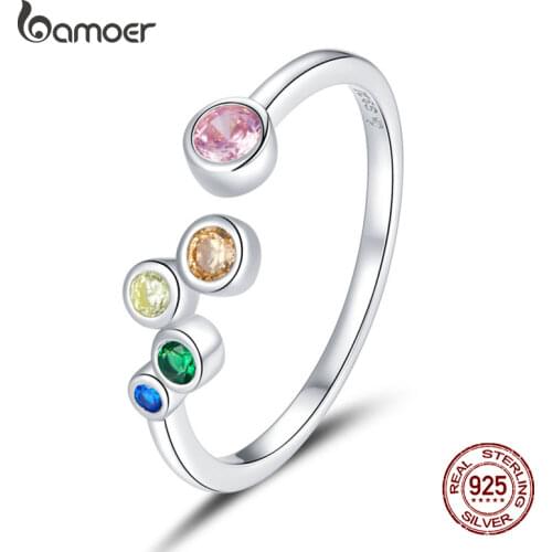 BAMOER Vintage Ancient Silver Ring 925 Sterling Silver Five Round Colored Zircon Open Ring for Women Fine Jewelry Gift