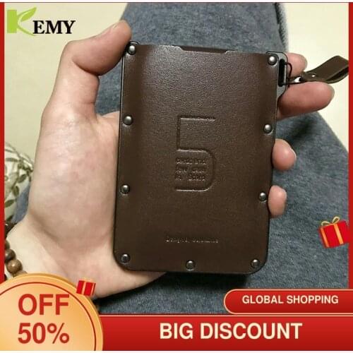 KEMYMen Genuine Leather Aluminum Card Wallet Slim Business Cardholder Wallet Vintage Smart Card Key Luxury Credit Card Holder