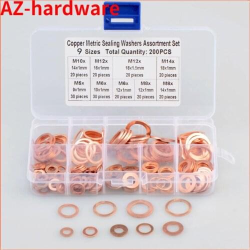 Copper Washer Gasket Nut and Bolt Set Flat Ring Seal Assortment Kit M5 M6 M8 M10 M12 M14 for Sump Plugs Water 200/ 300 Pcs